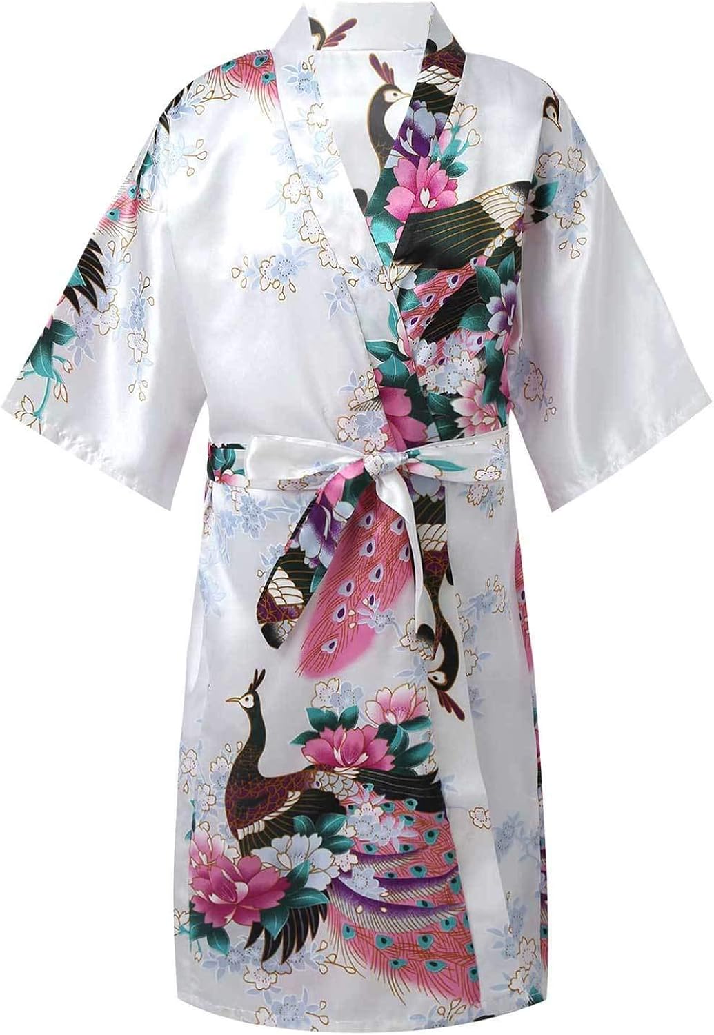 CHENGYANG Donna Pigiama Kimono Vestaglie Stile Lungo Pavone E Fiore Stampa Raso Accappatoio - 2
