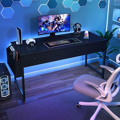 Miniatura 22 de Lufeiya - Escritorio pequeño para computadora para dormitorio, oficina en casa, 2 cajones de tela de almacenamiento y bolsa, mesa de estudio para