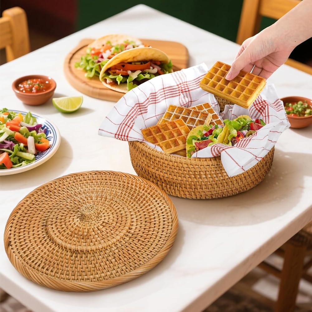 Cesta calentadora de tortilla de ratán natural, contenedor de almacenamiento hecho a mano de 10.2 pulgadas para tortillas de maíz, tacos y decoración de cocina