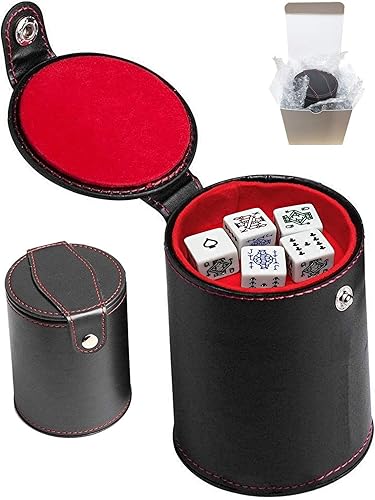 Miniatura 10 de Juego de dados con compartimento de almacenamiento, piel sintética negra, forro de fieltro rojo + (5) dados de póquer de 0.630 in (caja de regalo)
