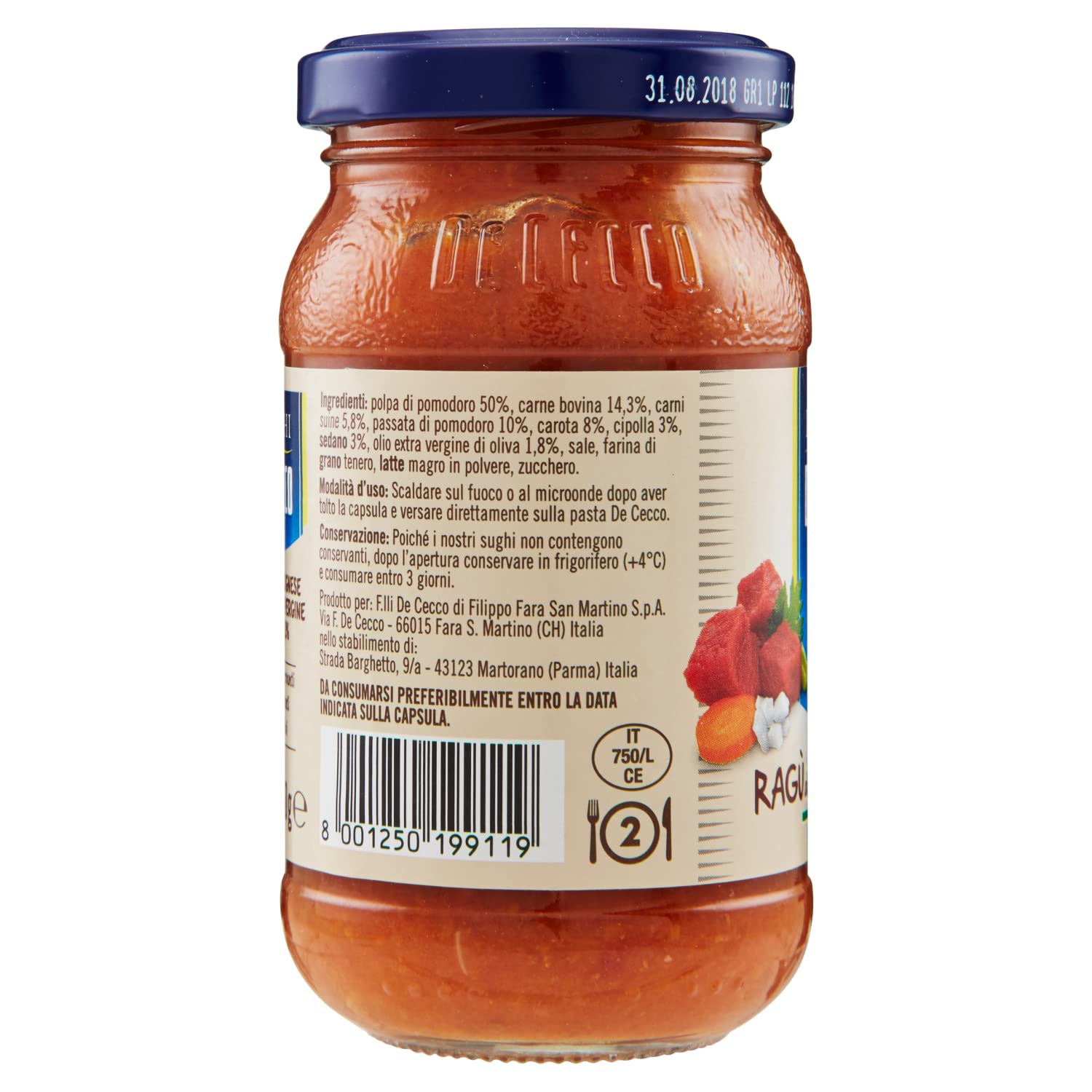 6x De Cecco Ragù alla Bolognese con Vitellone Bianco dell'Appenino Centrale IGP sauce au boeuf blanc de l'IGP des Apennins centraux avec 100% de tomates italiennes 190g