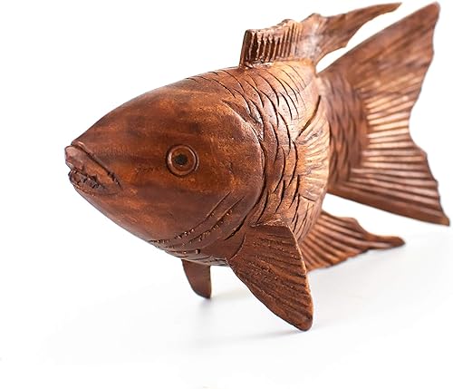 Miniatura 4 de G6 Collection Estatua de madera tallada a mano de pez Koi, escultura artística, decoración rústica para el hogar, acento hecho a mano, hecho a mano,