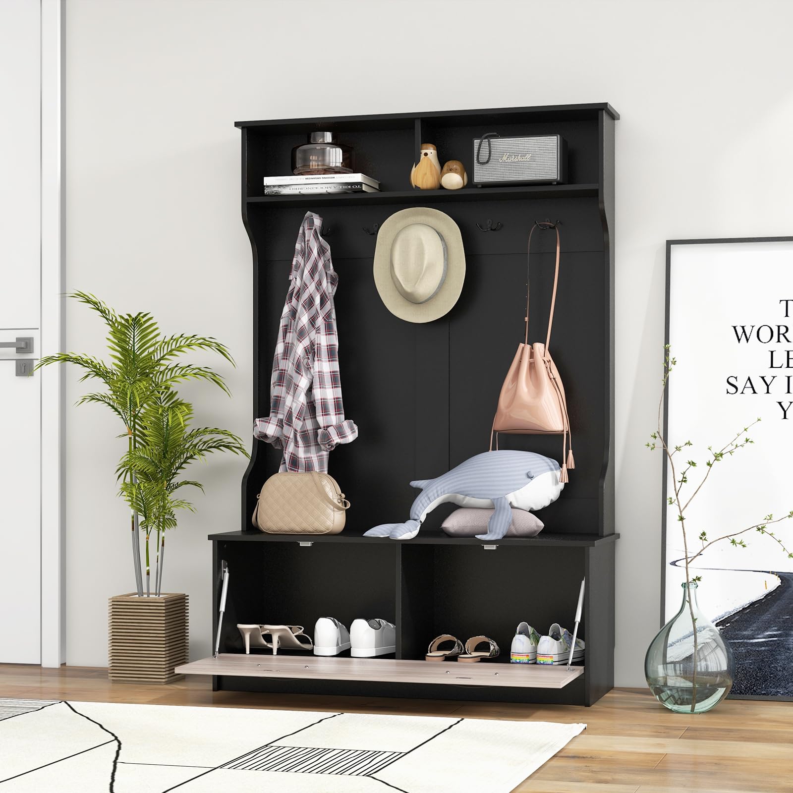 HOMASIS Appendiabiti da Terra con Scarpiera, Appendiabiti Aperti con Panca, 2 Scomparti e 5 Ganci Doppi, Guardaroba Ingresso, Guardaroba per Camera da Letto, Soggiorno, 100 x 40 x 160 cm (Nero)