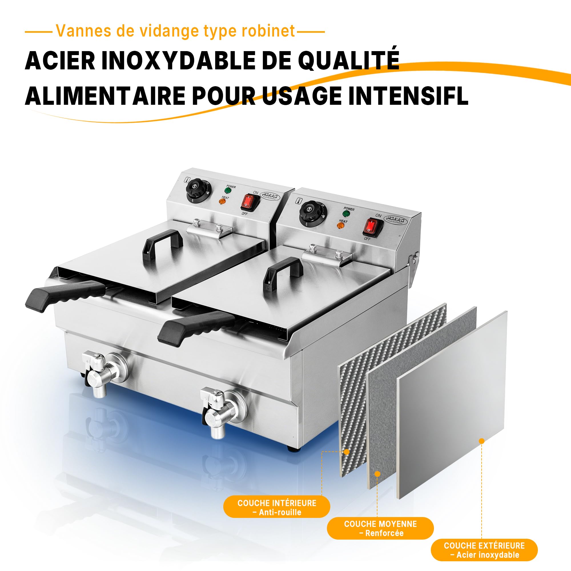 Hakka Friteuses électriques Professionnelles, Grande Capacité 6L x 2, en Acier Iinoxydable, Avec égouttoir, Panier et Couvercle, Double Cuve(220V, 2000W+2000W)