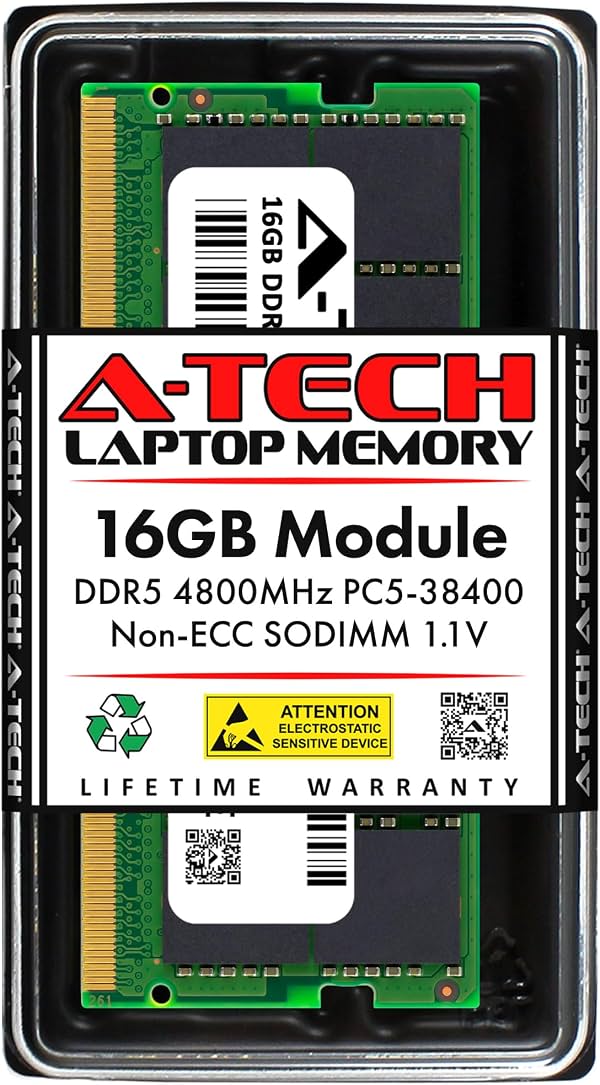 Módulo de memoria RAM para laptop A-Tech 16GB DDR5 4800MHz PC5-38400 CL40 SODIMM 1.1V Non-ECC sin buffer SO-DIMM 262-Pin