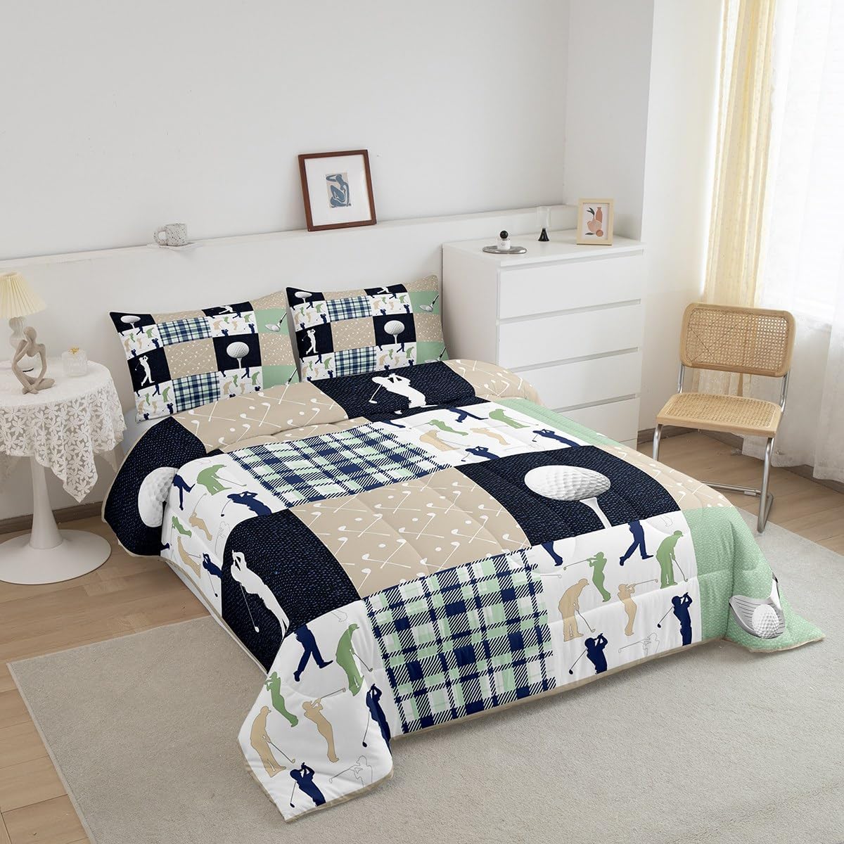 Castle Fairy Golf Plaid Comforter Set Queen Size,Ball Sports Lover Style Bedding Set for Women Adult,Green Buffalo Grid Geometric Luxury Bed Duvet Insert, 2 Pillowcases