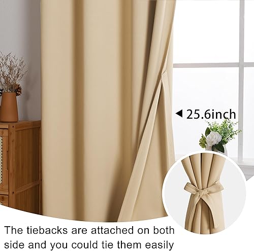 Miniatura 6 de JIUZHEN - Cortinas opacas de aislamiento térmico y acústico con alzapaños, de color beige, bloquean la luz del sol y reducen el ruido, paneles de