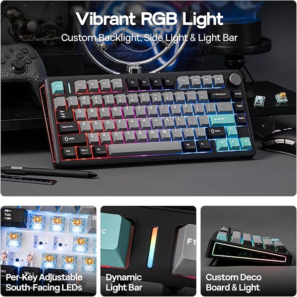 EPOMAKER TH80 V2 75% Wireless Mechanical Gaming Keyboard, 8000mAh & 2.4G/BT, Mac Modifier, RGB Backlit & Side Light, Programmable Keys & Knob, Creamy Keyboard for Mac/PC (Black, Sea Salt Silent) - 4