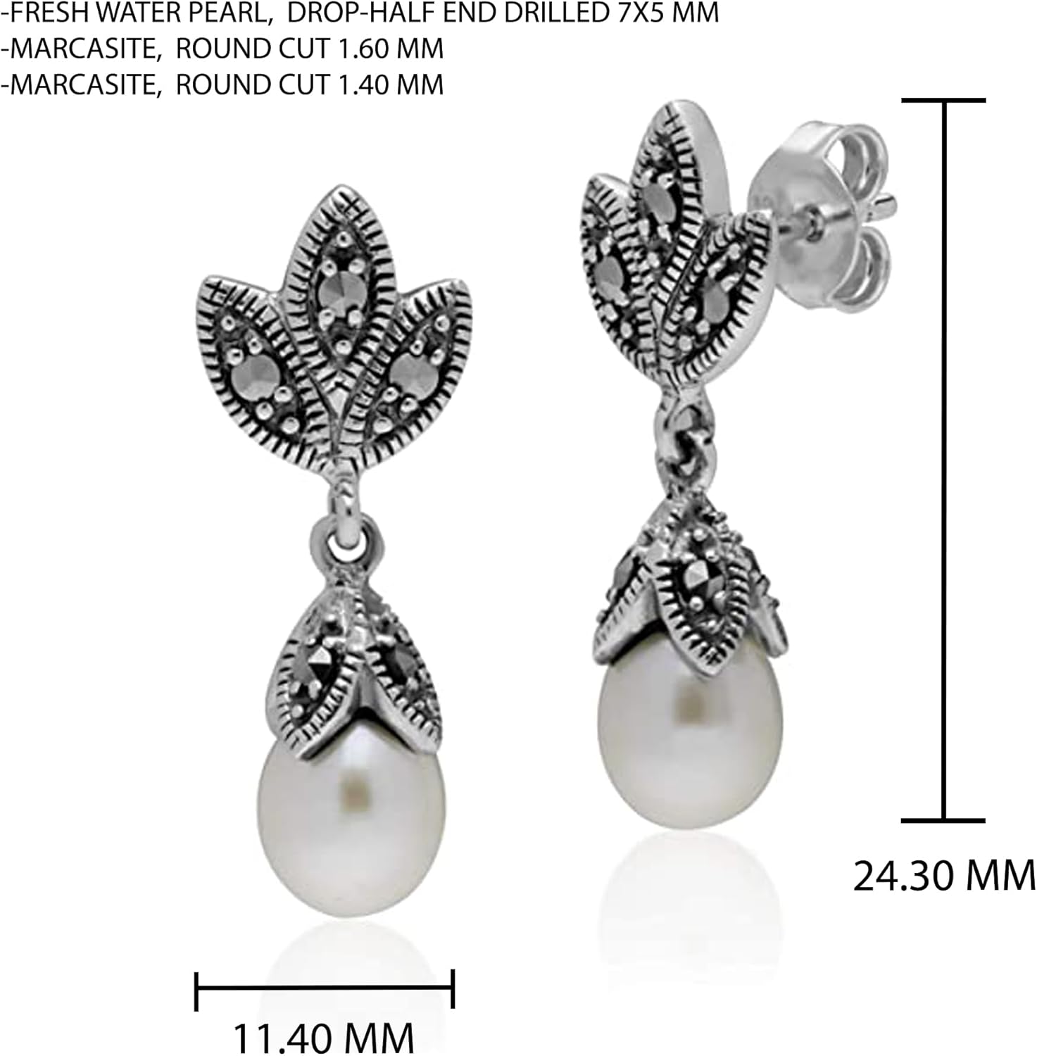 Gemondo USA 925 Sterling Silver Marcasite and Pearl Art Nouveau Classic Dangle Drop Earrings