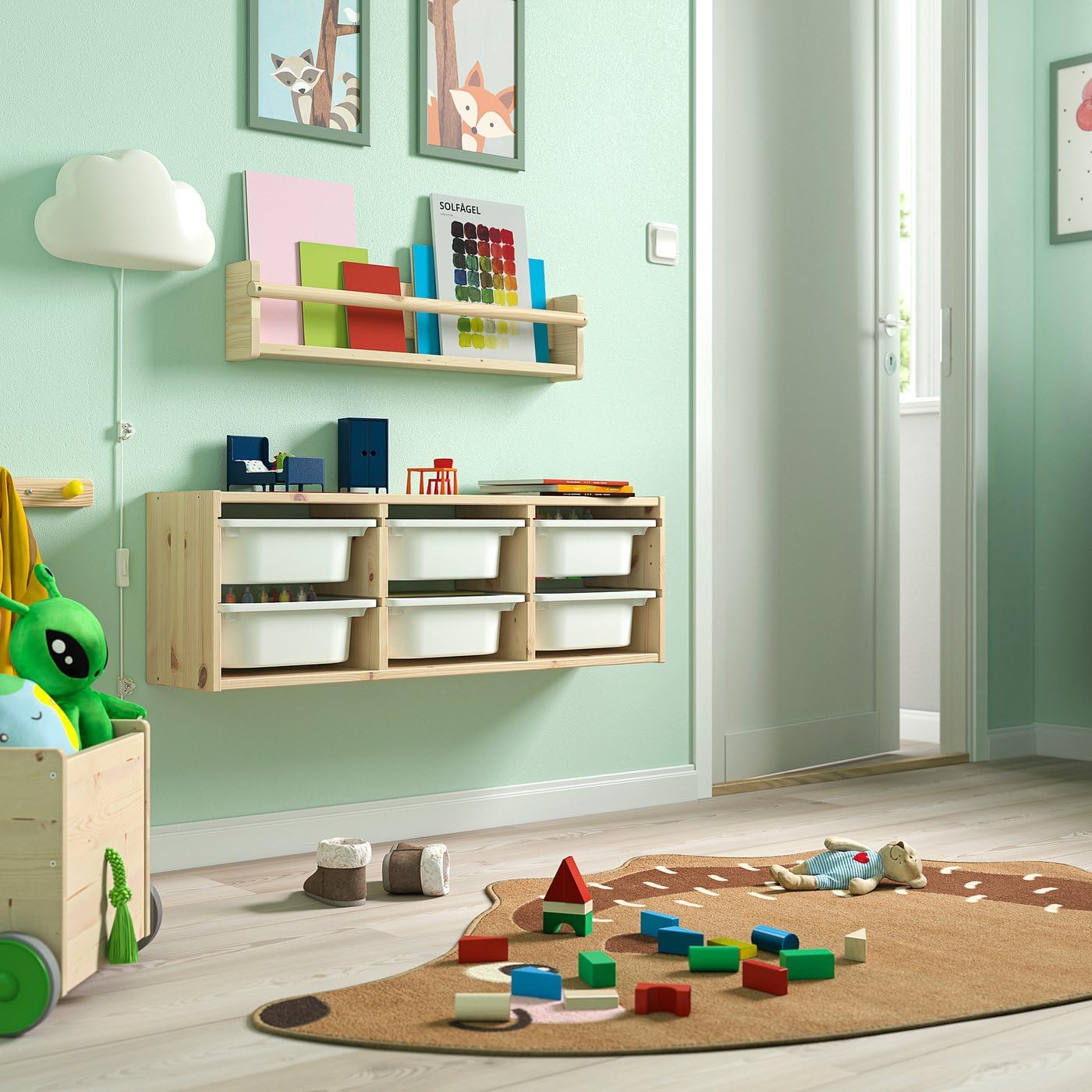 Wall Mounted Storage Unit, Solid Pine Wood Wall Organizer with Light White Stained Finish and White Storage Box, Space-Saving Toy Storage, 36.6 x 8.3 x 11.8 Inches