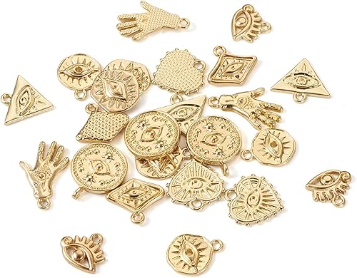 Miniatura 8 de Craftdady 32 dijes de aleación contra el mal de ojo, diseño geométrico dorado, rombo, triángulo, corazón, ojo a granel, para mujer, pulsera y