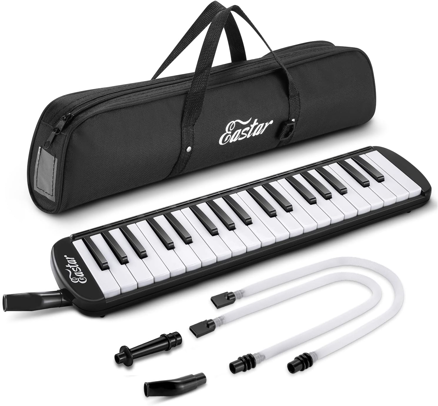 37 Keys Melodica Instrument, Soprano Melodica Air Piano Keyboard Pianica with 2 Soft Long Tubes, Short Mouthpieces, Carrying Bag, Black