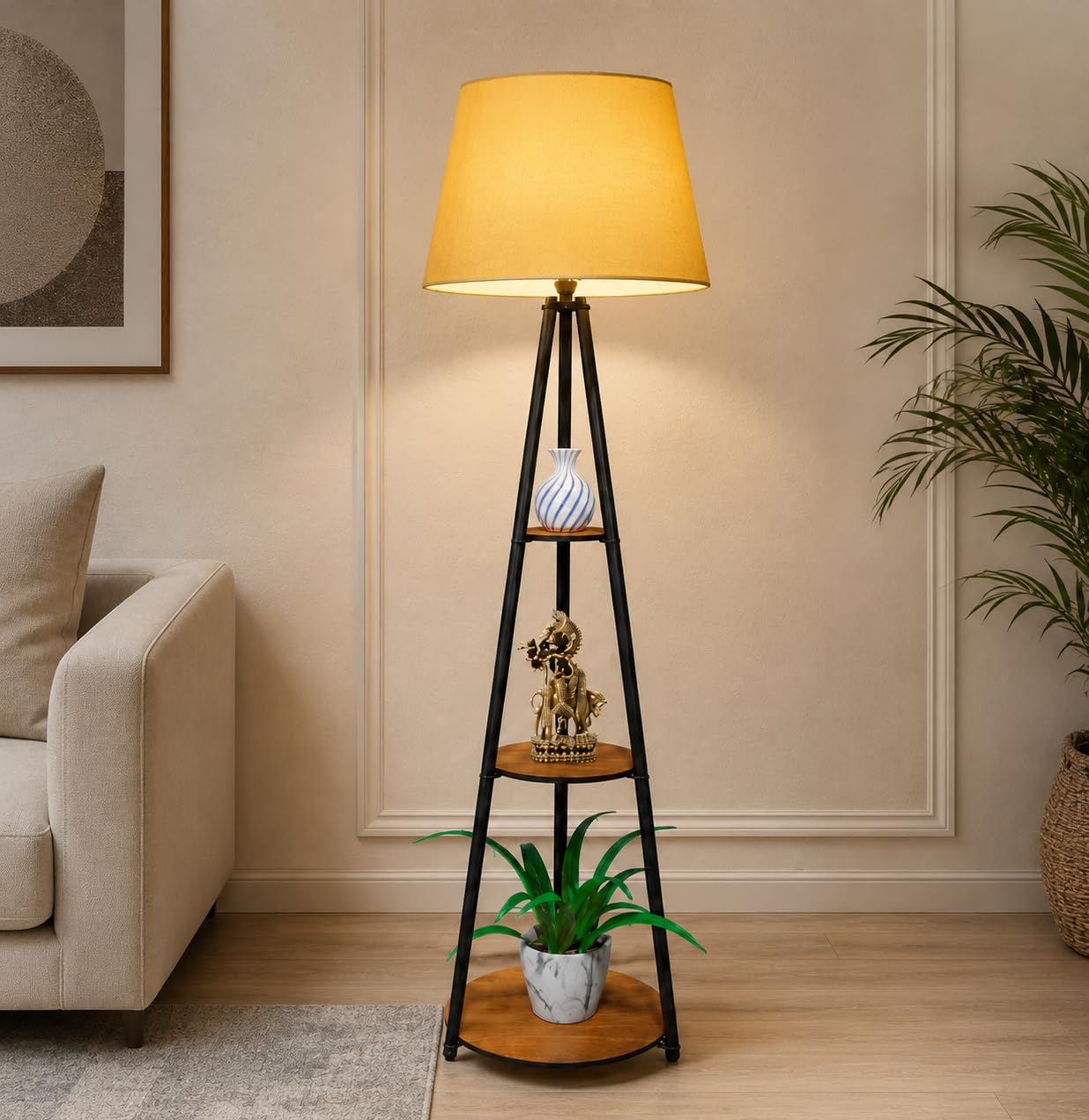 Metal Tripod Floor Lamp with 3 Tier Shelves & Yellow Shade | Corner Floor Lamp Light for Living Room, Bedroom & Home Decor (Yellow)-picture-42