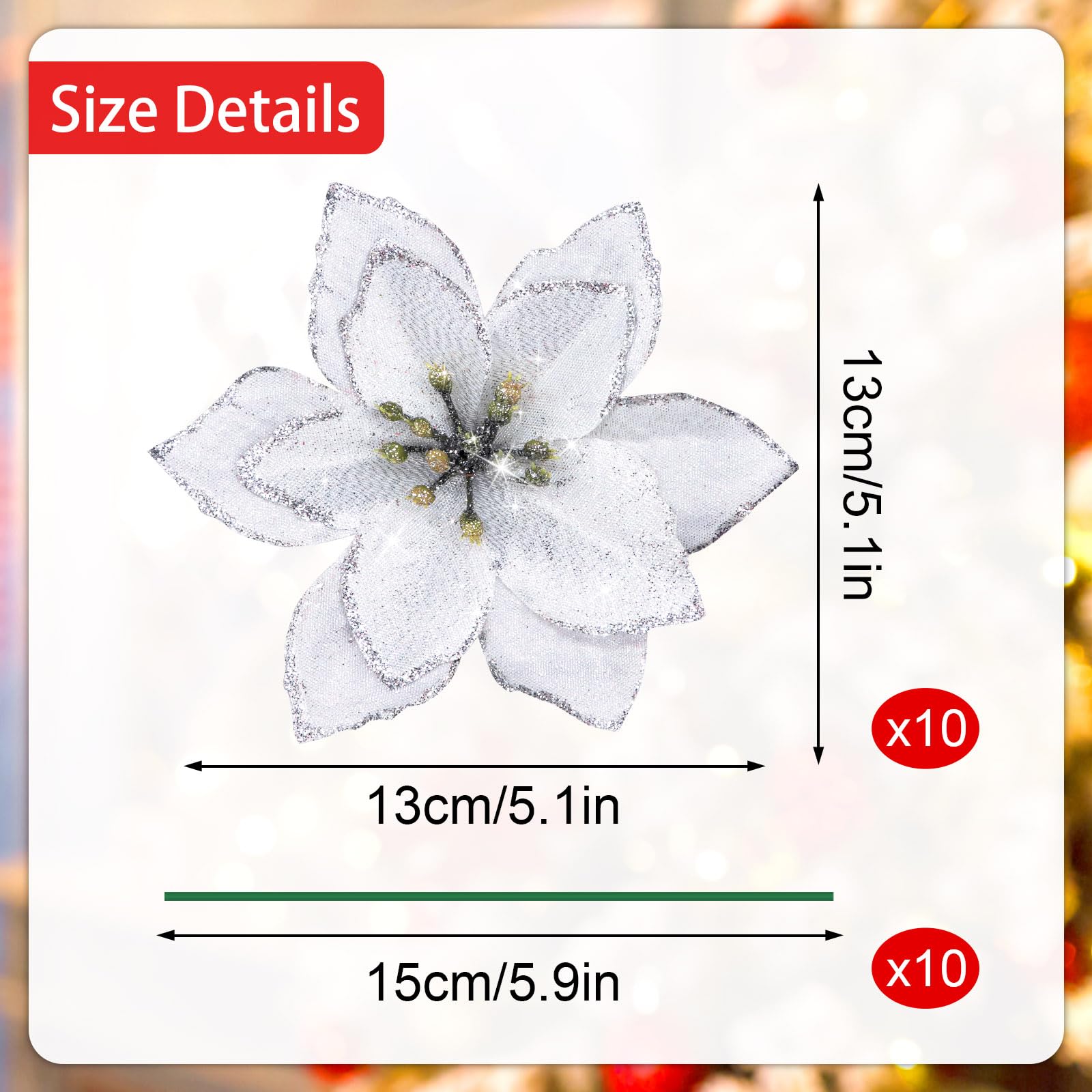 Yueshop 10pcs Christmas Glitter Poinsettia Flowers Ornament Christmas Tree Wreath Decoration Artificial Wreath Flowers for Xmas Tree Ornaments Decor (Silver) - Image 3