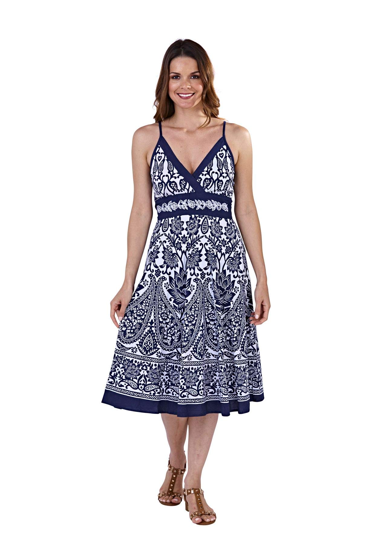 Ladies Pistachio Cross Over Cotton Dress D921 Navy & White Lotus Print M