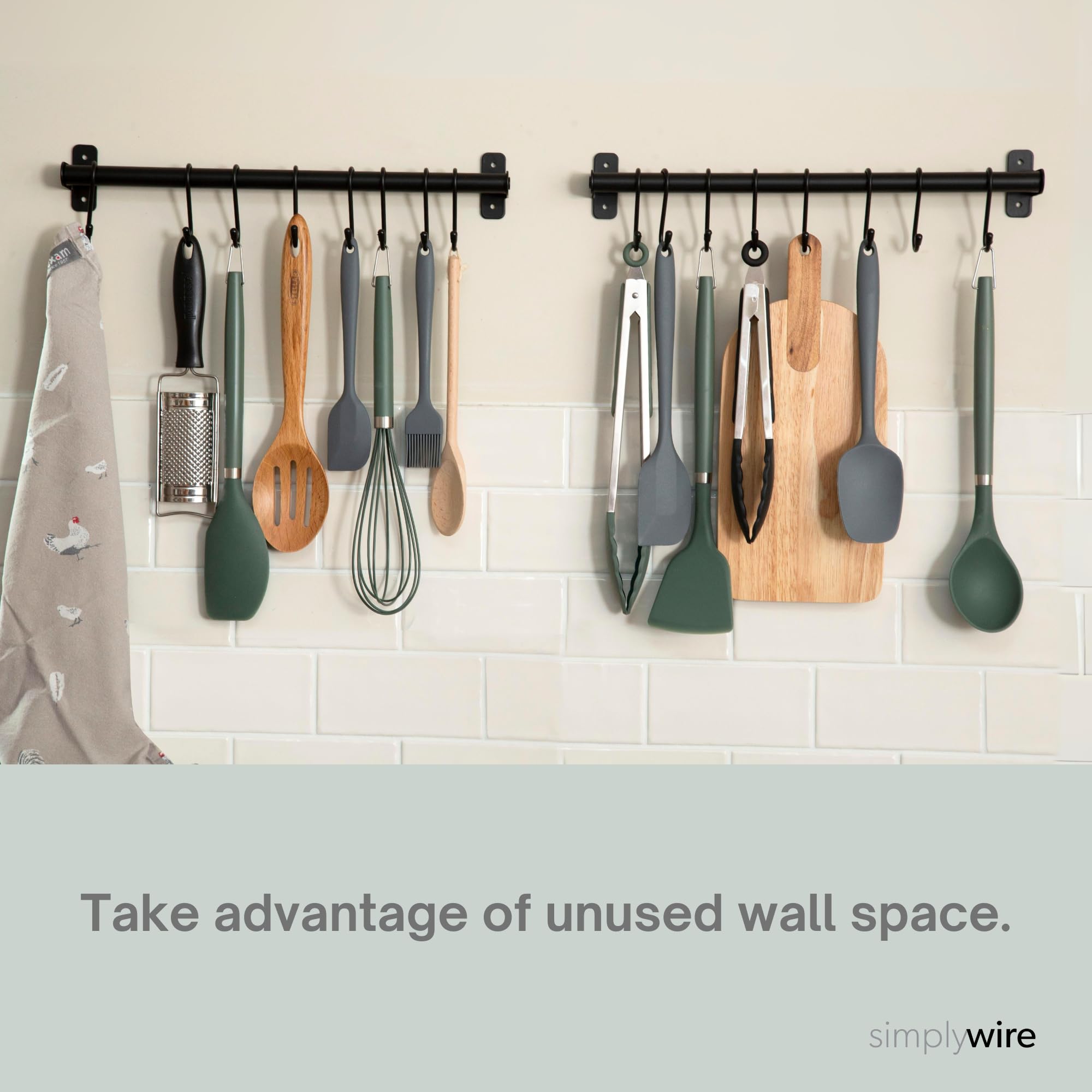 simplywire - Kitchen Utensil Holder and Organiser - Pack of 2 - Wall Mounted Rail Pan Rack - 16 Hanging Hooks - Black - Image 2