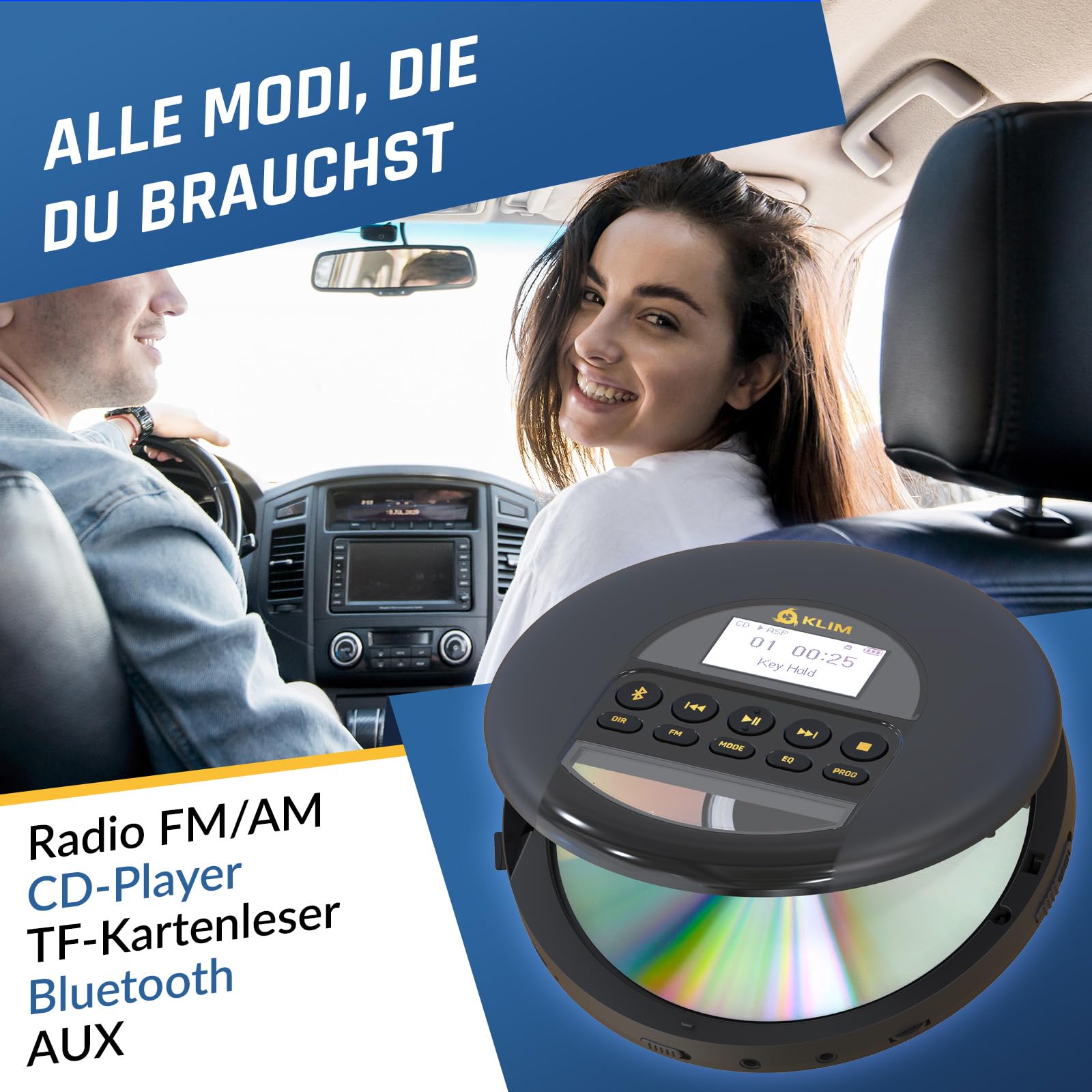 KLIM Nomad CD Player Bluetooth - Tragbarer CD-Player Discman mit langlebigem Akku - Inklusive Kopfhörer - CD-R, CD-RW, MP3 - Mit TF-Reader, Radio FM - Ideal für Autos - Portable Diskman