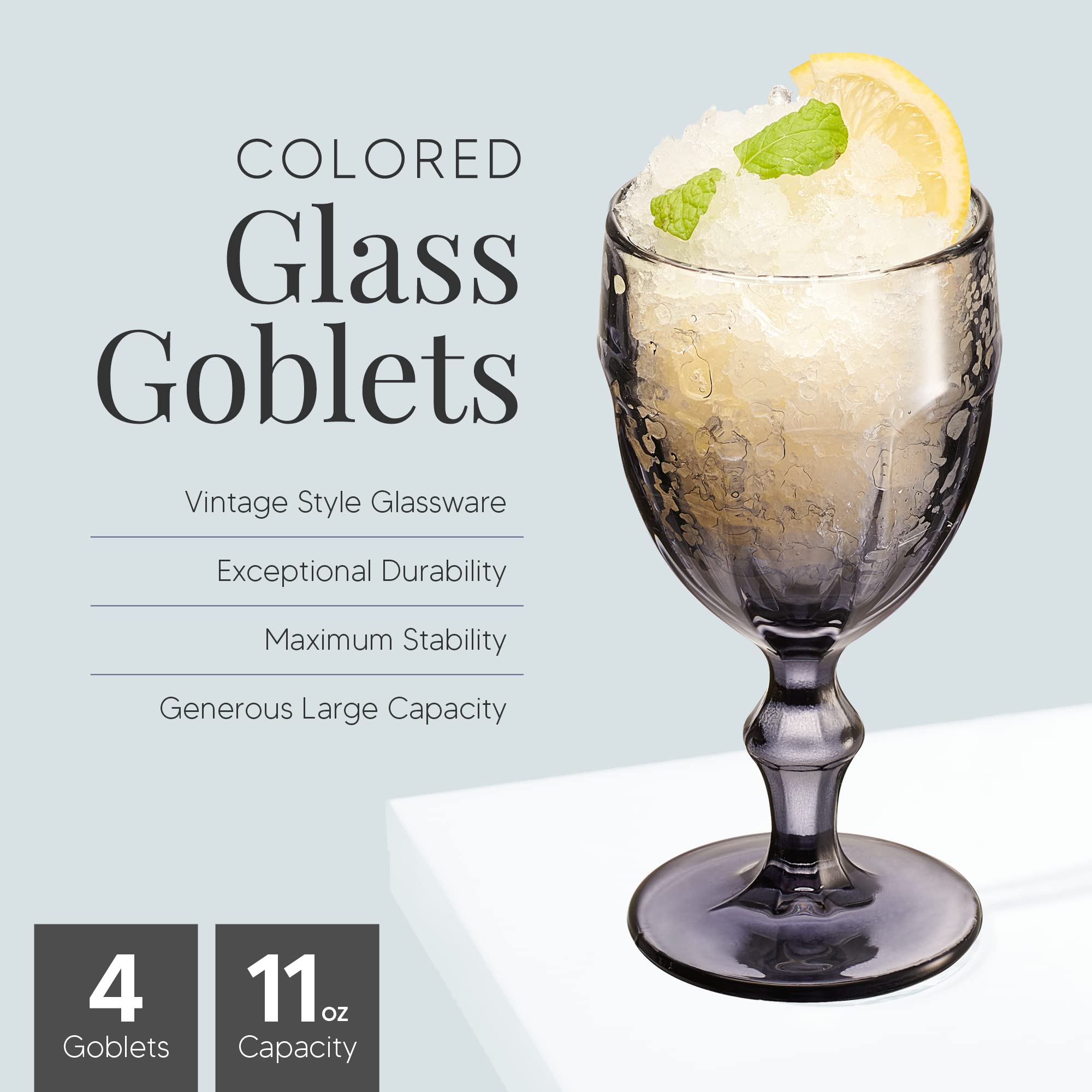 B BRILLIANT Glass Goblet, Set of 4 Smoke Goblet Glasses - 11oz Water Goblets Glassware, Wine Goblet, Colored Wine Glasses for Party, Wedding, Holiday - Footed Antique Vintage Style Stemware