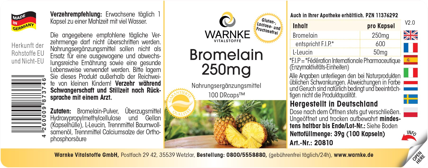 Bromelina 250mg – 600 F.I.P. – Enzima natural de la piña – Vegana – 100 cápsulas | Warnke Vitalstoffe - Calidad de farmacia alemana