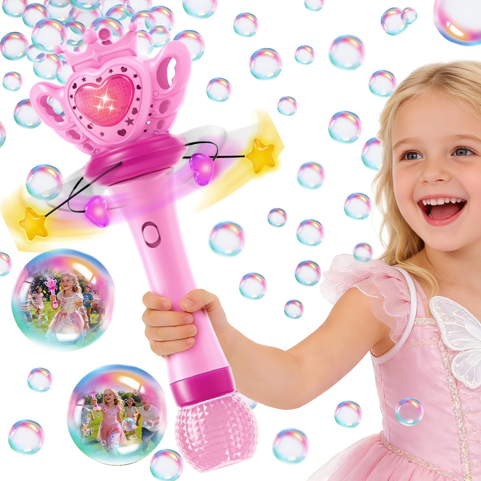 Sitodier Bubble Wands for Girls - Bubble Machine for Toddlers with Rotatable LED Light & Music, Outdoor Easter Birthday Party Bubble Toys, Gift for 3 4 5 6 7 8 Year Old Kids Girls