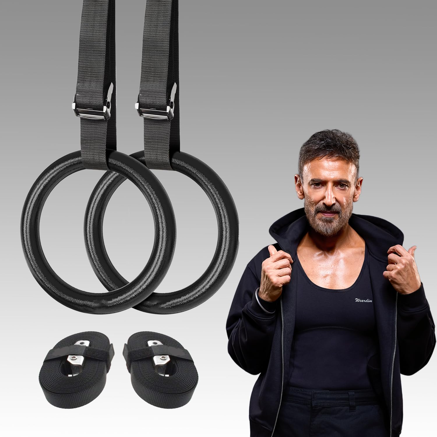 Wearslim® Professional Gymnastic Rings | Roman Rings | Pilate Rings |1000 lbs Capacity with 14.5ft Adjustable Buckle Straps For Cross Fitness Functional Training For Home Gym Full Body Workout | 1 Year Warranty