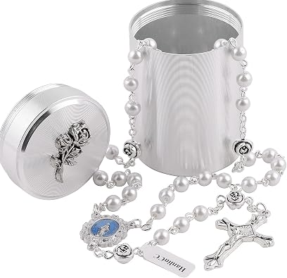 HanlinCC Catholic Rosary Miraculous Necklace Glass Pearl Bead with Rose Box