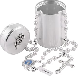 HanlinCC 6mm Glass Pearl Beads with Rose Flower Our Father Beads Miraculous Catholic Rosary Necklace with Rose Metal Catholic Gift Box for Men and Women