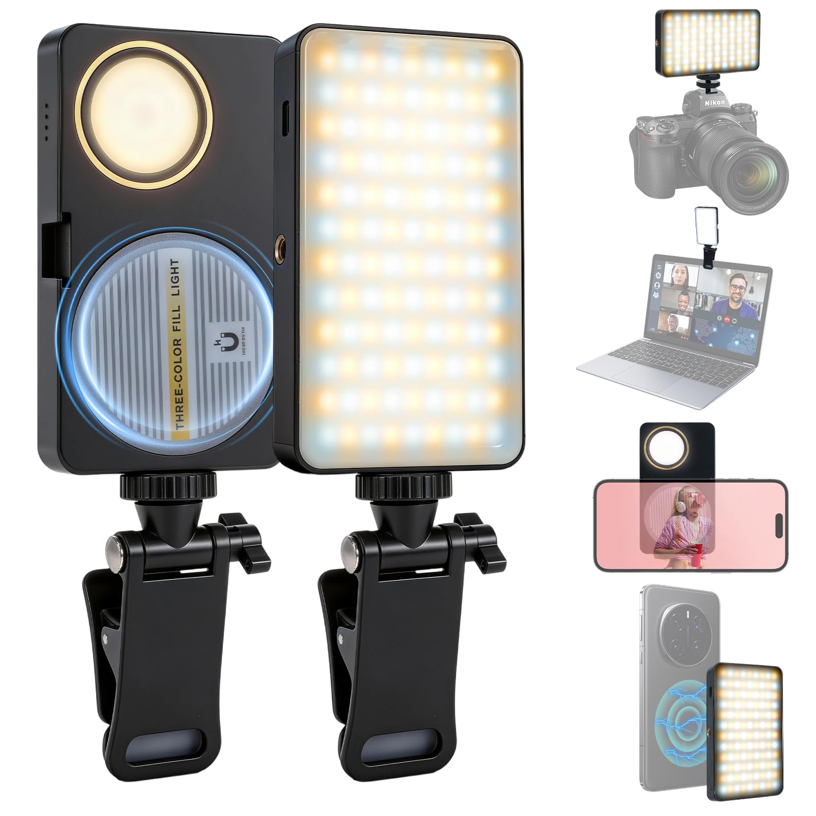136 LED Magnetisches Selfie Licht,Selbstbeleuchtung mit Clip Dual-Sided Fill Light Magnetisch 1200mAh Wiederaufladbares 3 Lichtmodi 2800-9000K CRI 95+ Kamera Licht für iPhone Laptop TikTok YouTube