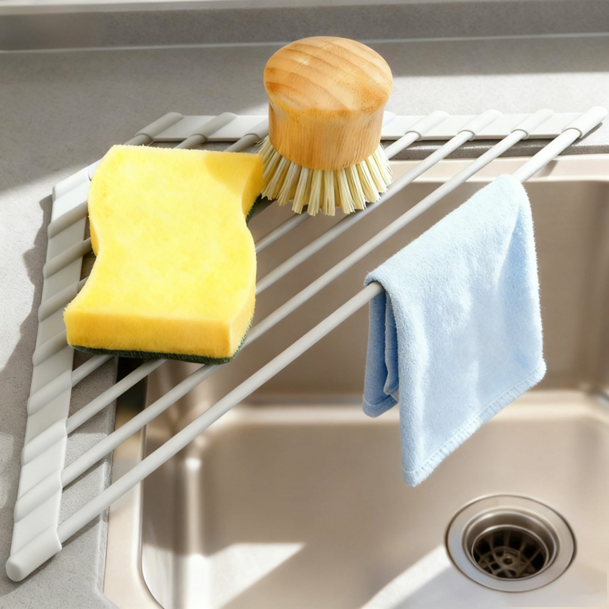 Photo 1 of MERRYBOX Triangle Roll Up Dish Drying Rack Over The Sink, 2025 Anti-Rust Sink Drying Rack with Full Silicone Wrapped for Top of Corner, Anti-Slip Organizer for Kitchen