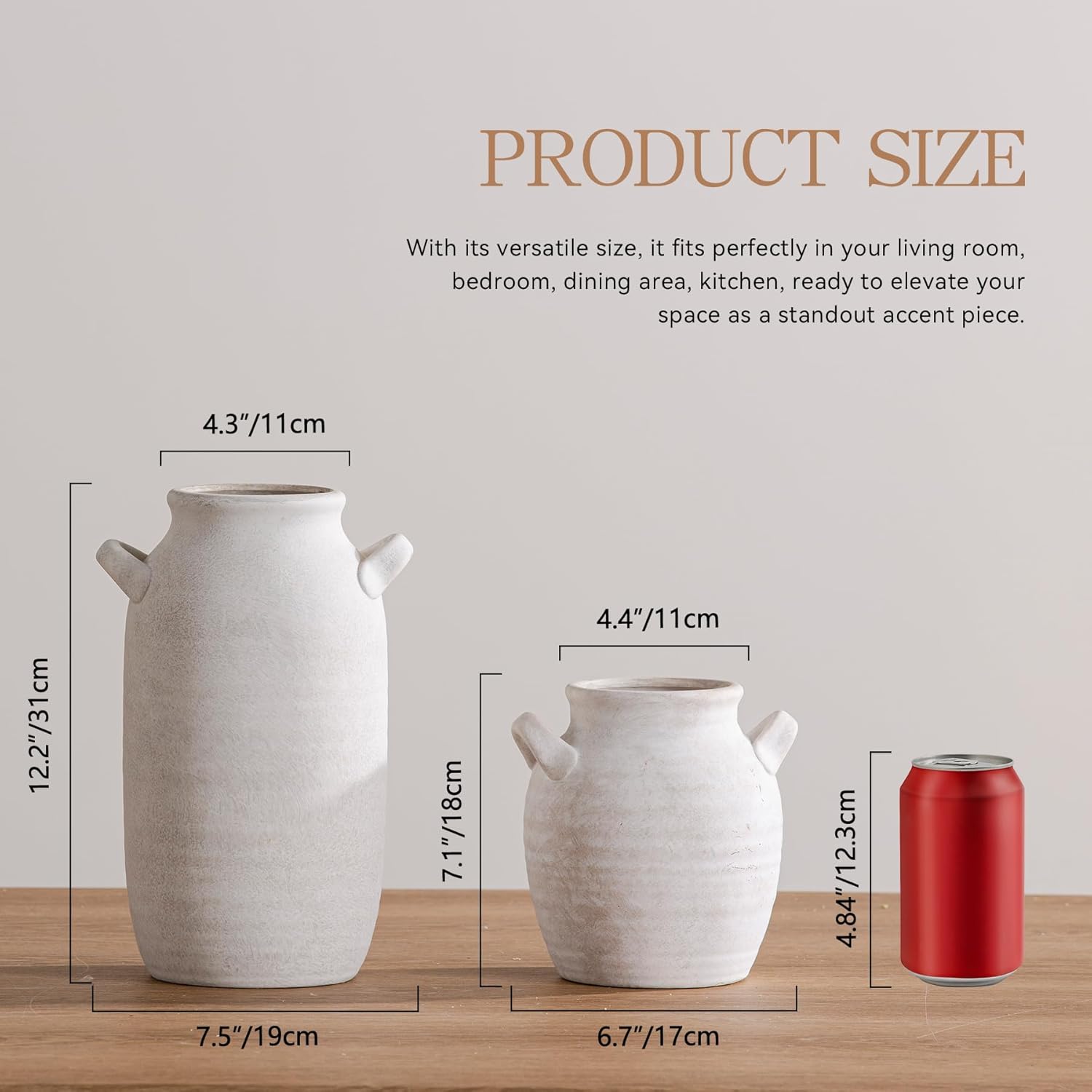 Ceramic Flower Vase Home Decor - Farmhouse Table Vases with Handle Living Room Decoration Vintage Decorative Aesthetic for Shelf Coffee Dining Desk House Bookshelf Fireplace (7.1" Rustic) - Image 2