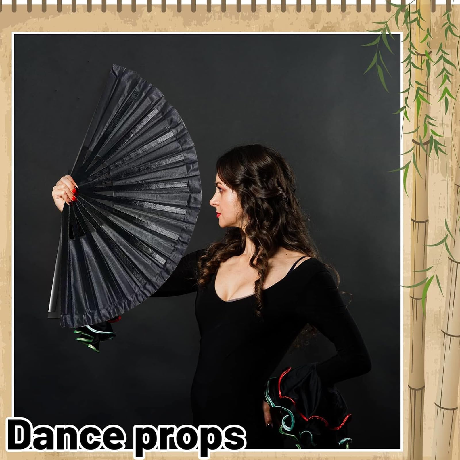 Lot De 2 éventails Pliables En Tissu Nylon Noir Vintage Rétro