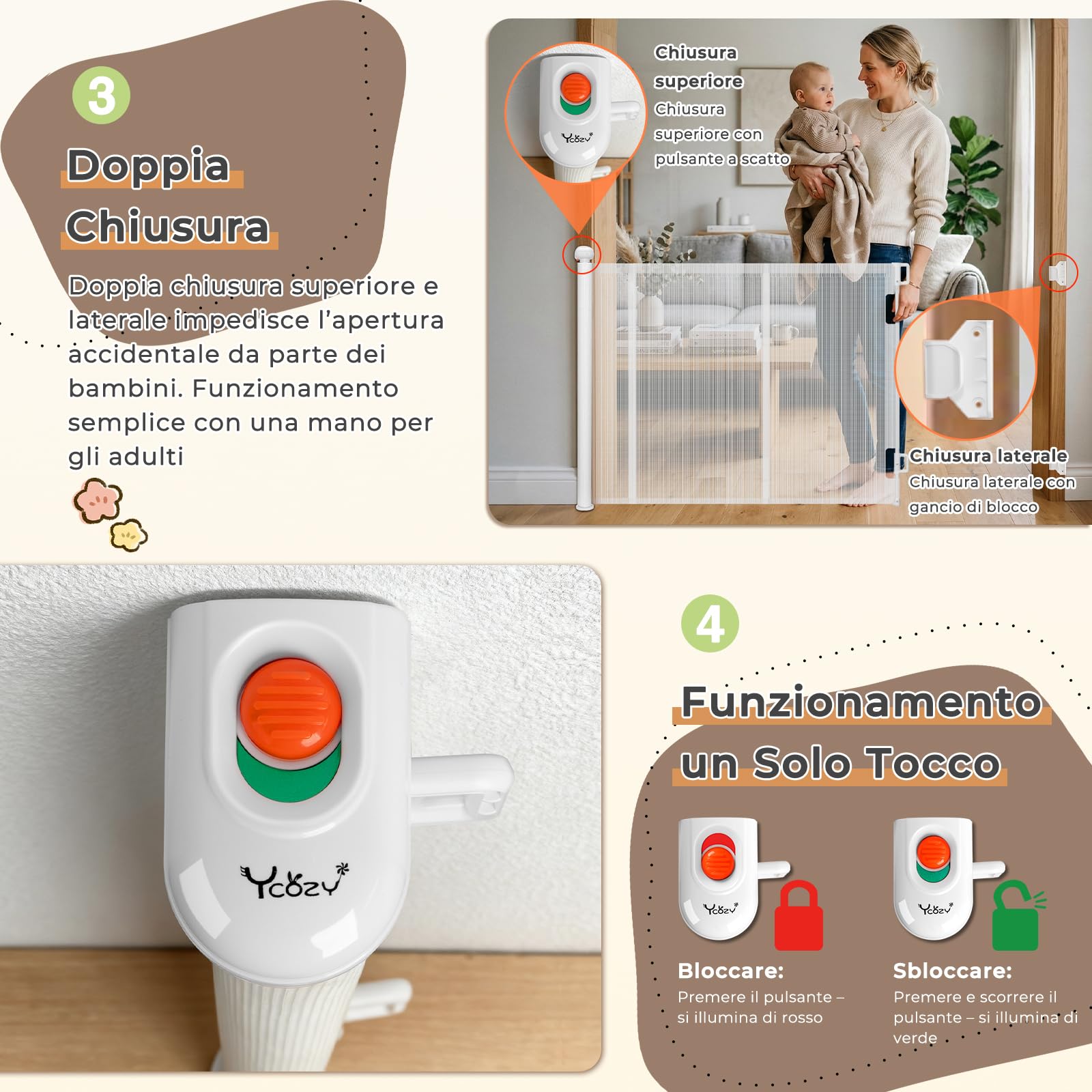 Ycozy Cancelletto per Bambini Scale Senza Foratura 0-200cm Cancelletto per Cani con Barra di Supporto，Retrattile Cancello Bambini Adatto per Scale Interni Esterni