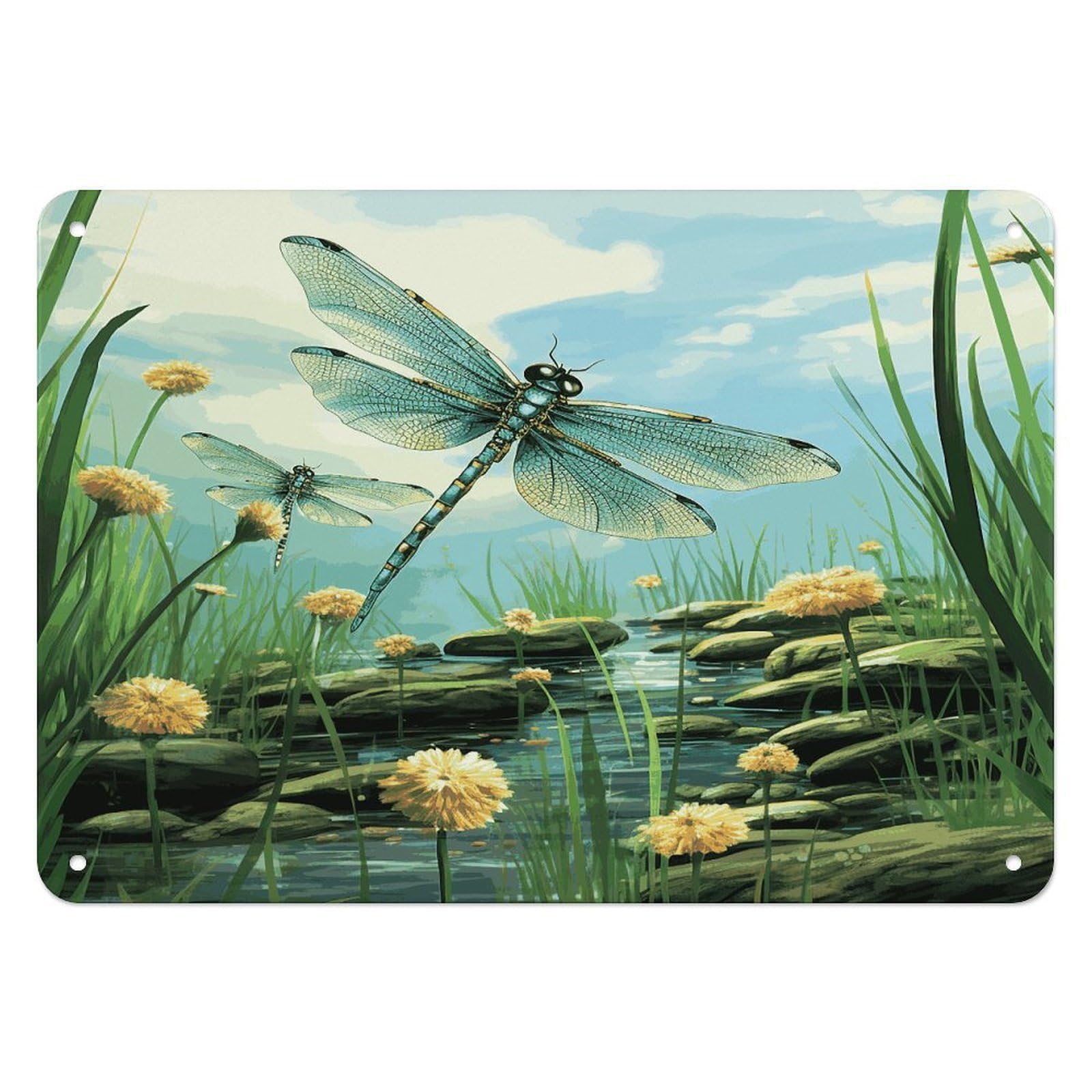 Fodpand Style Dragonflies In Flight Retro Vintage Metal Tin Sign,Wall Art Decor Garden Plaque Poster For Bedrooms Yard Bars Pubs Patios Porches 7.9X5.5 Inch