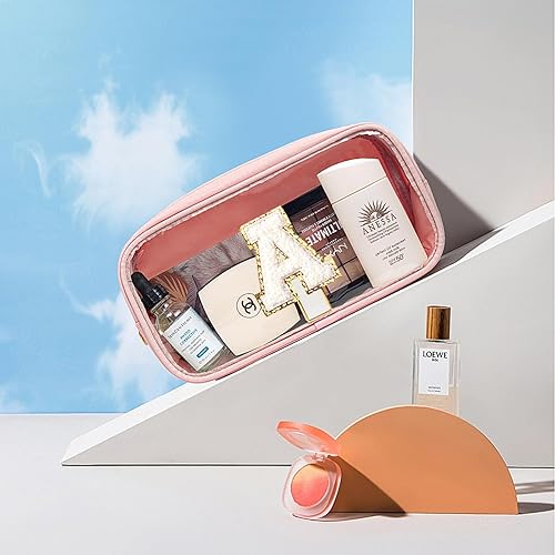 Miniatura 9 de Bolsa de maquillaje transparente grande con letra inicial personalizada, bolsa de maquillaje de nailon con parche preppy de chenilla, letra A-Z,