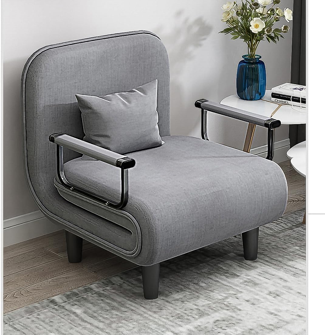 Ball & Cast Convertible Folding Sleeper Sofa Bed, Linen Sleep Couch, Foldable Recliner Chair Multi-Function 3 in 1 Lounge-Chair with Pillow & Adjustable Backrest for Living Apartment Office, Grey
