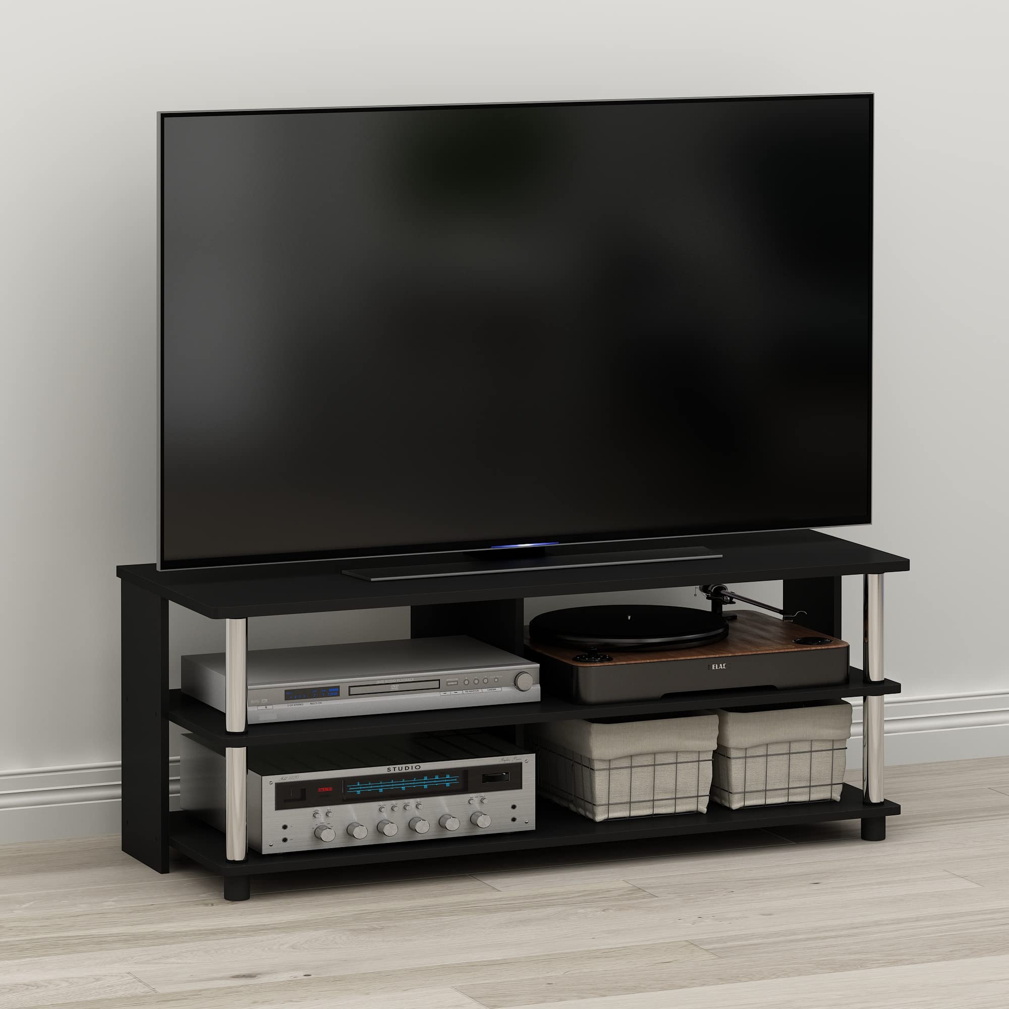 Furinno Sully Soporte 3 Niveles para TV, Madera de ingeniería, Americano/Acero Inoxidable