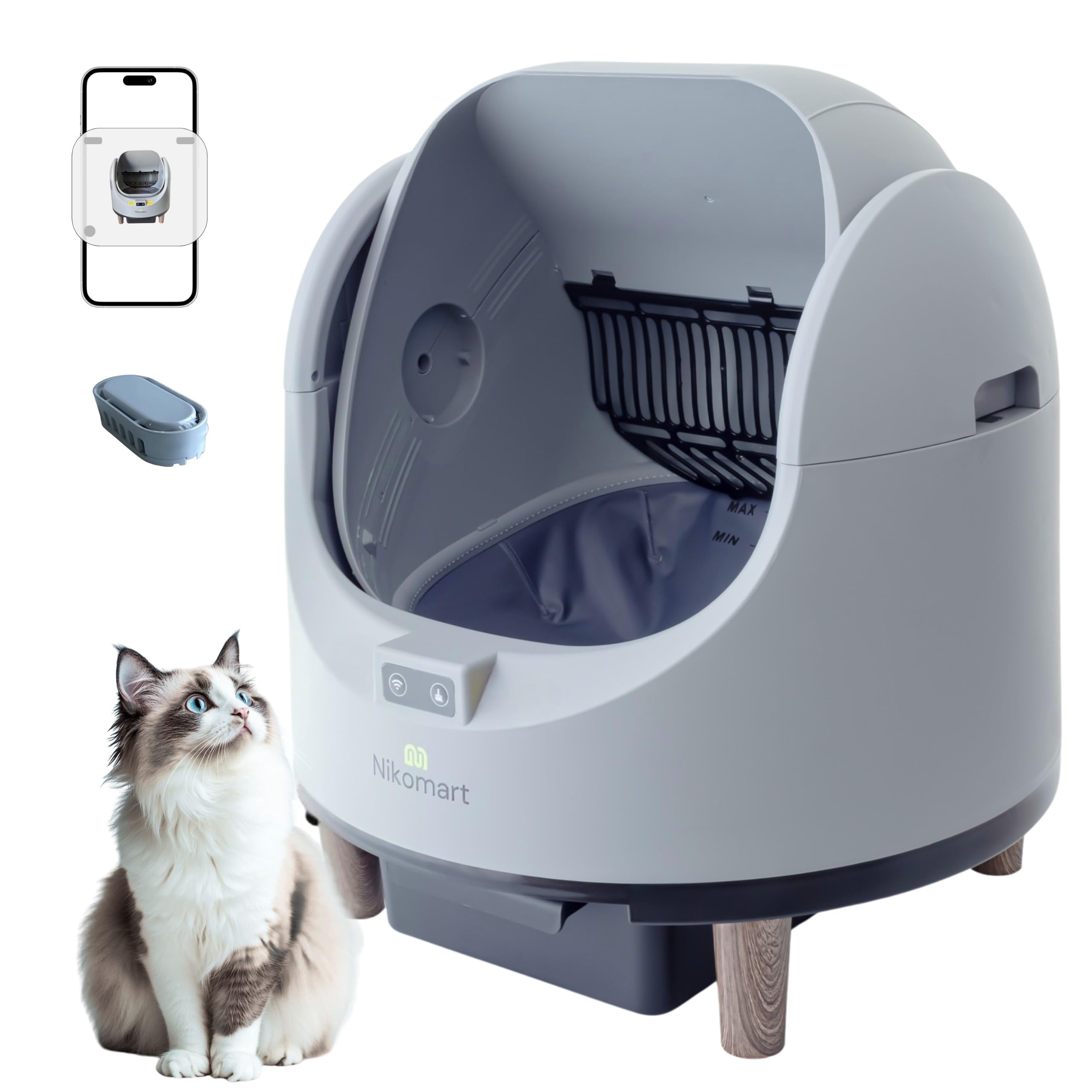 Open-Top Self Cleaning Litter Box, 68L Large Capacity for Multi Cats - Automatic Litter Box New Gray Design with App Control & Fragrance Dispenser for a Fresh Home