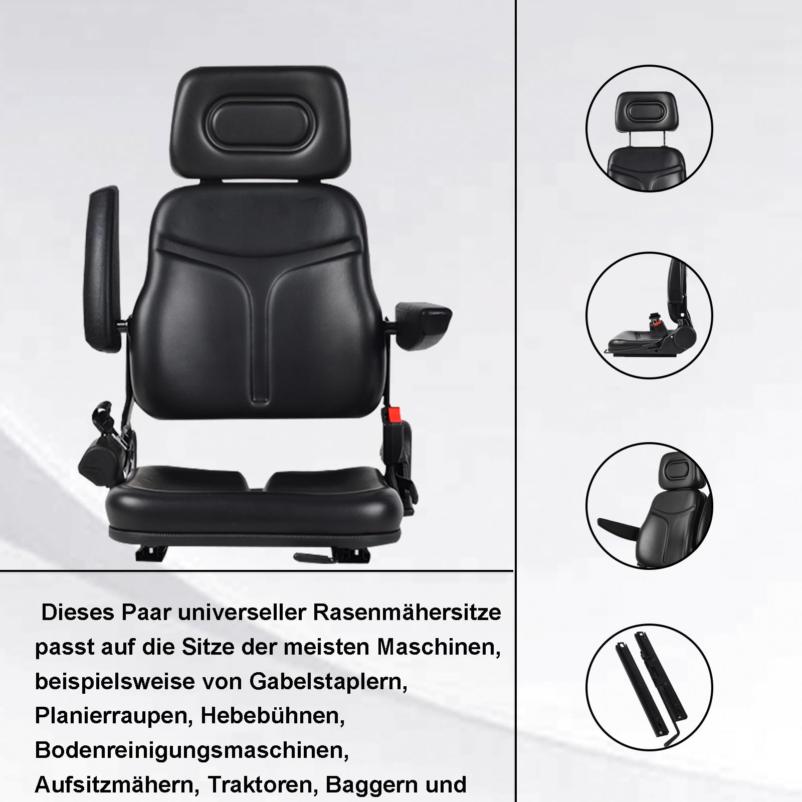 Universal Gabelstapler-Sitz mit verstellbare Rückenlehne 180°, wasserdichter PVC-Mähersitz mit Kopfstütze, Armlehnen, Sicherheitsgurt, für Traktor Bagger, Gabelstapler