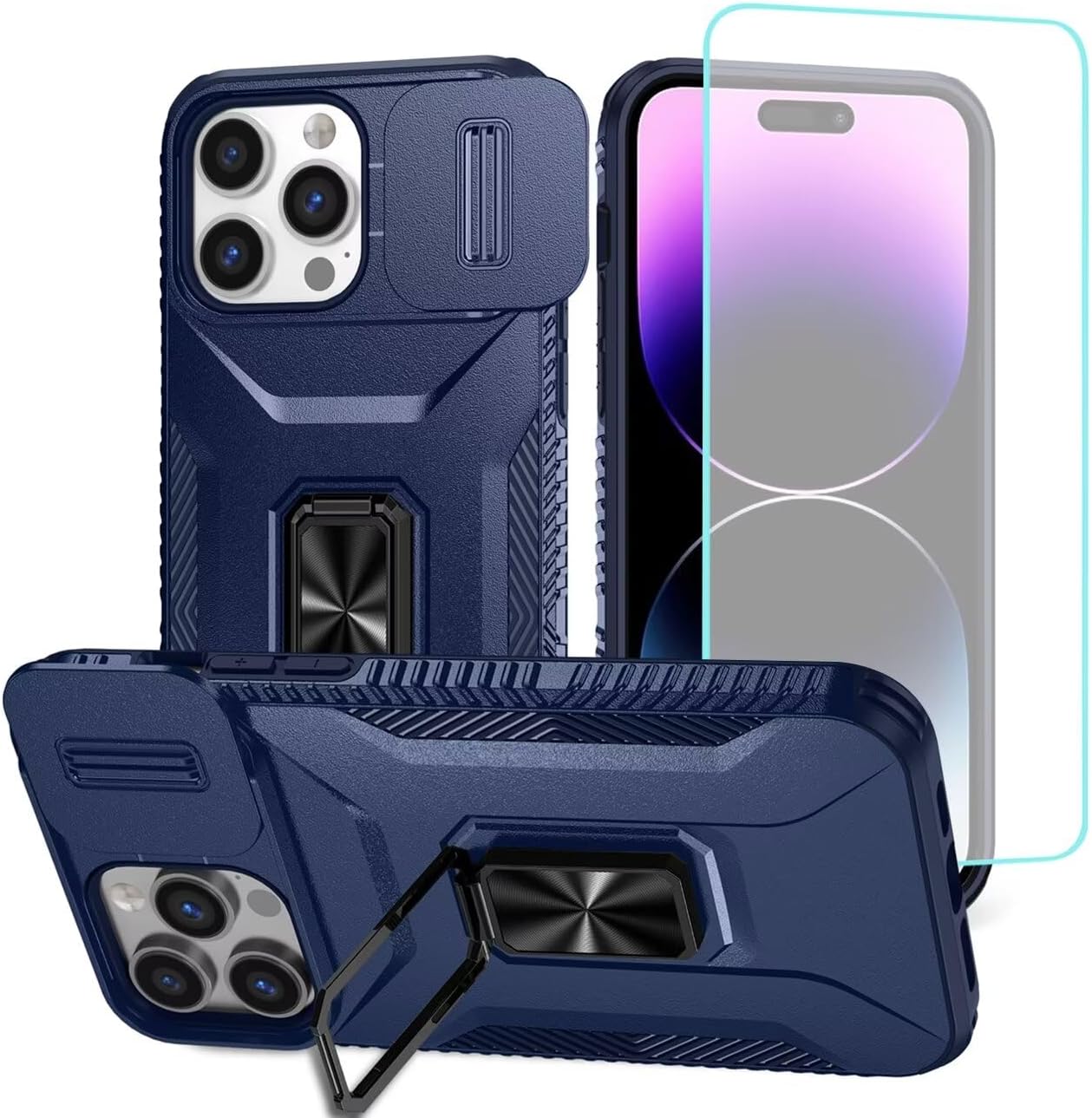 Case for iPhone 14 Pro Max Case Protective Case with Screen Protector Camera Protection Card Slot 360  Metal Ring Stand Shockproof Mobile Phone Case for iPhone 14 Pro Max Blue