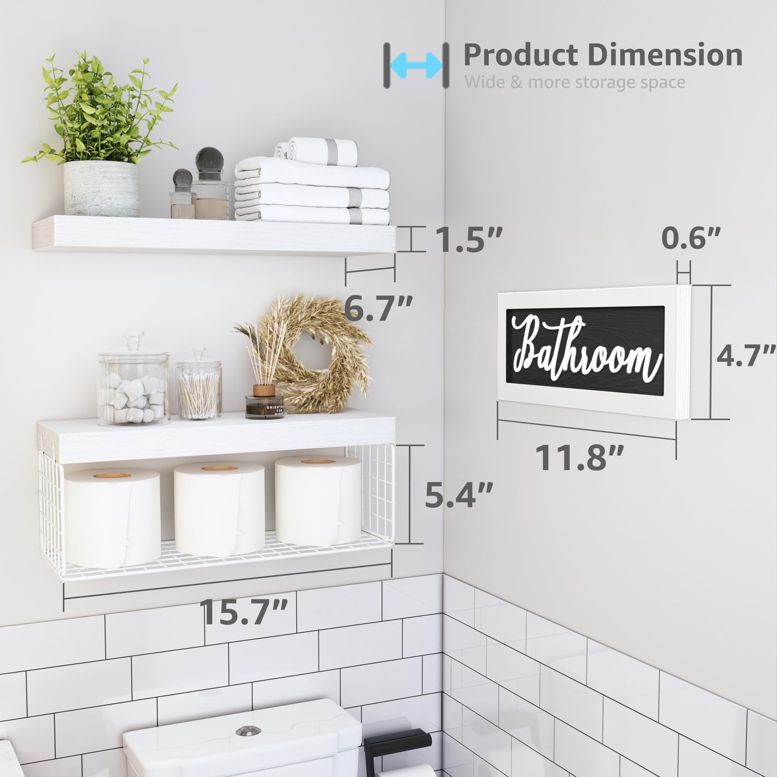 QEEIG Estantes de decoración de baño, juegos de decoración de pared de granja, estantes flotantes sobre el inodoro, soporte de papel higiénico pequeño 2+1, 16 pulgadas, blanco