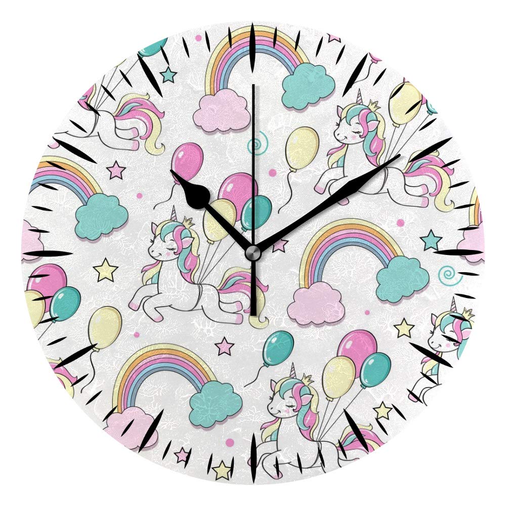 Horloge murale licorne blanche ronde en PVC silencieuse à piles pour chambre d'enfant