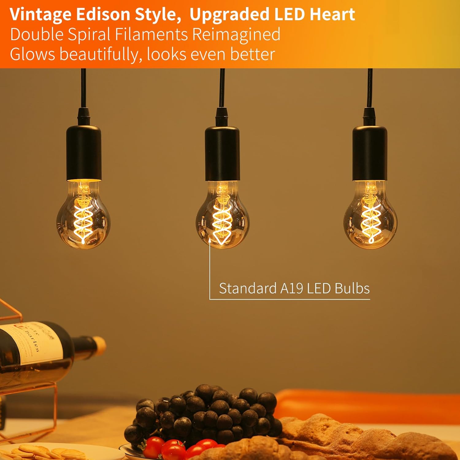 Vintage Edison LED Light Bulbs A19, E26 Base, Dimmable 6W 2200K Candlelight Warm Glow, 300 Lumens 40 Watt Equivalent, Spiral Filament, Smoky Grey Tinted Glass, 3-Pack Decorative Antique Bulbs