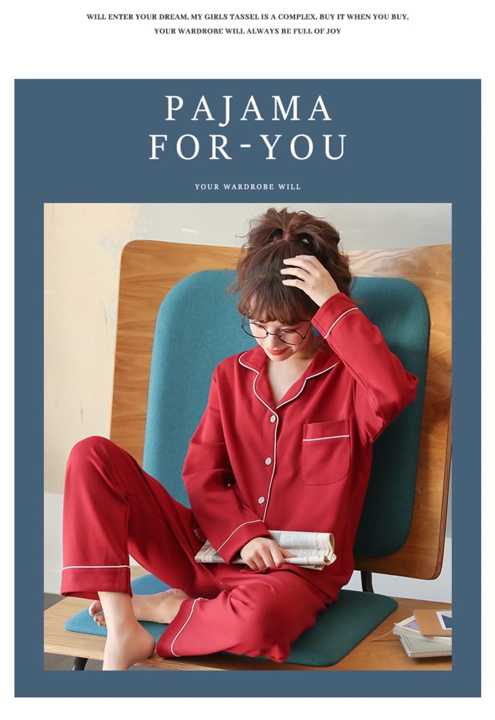Pijamas de Franela para Invierno y otoño para Mujer y Hombre, Conjuntos de Pijama de 2 Piezas para Mujer, de algodón, de Manga Larga, con Solapa, Sencillos, Rojos, Informales, para