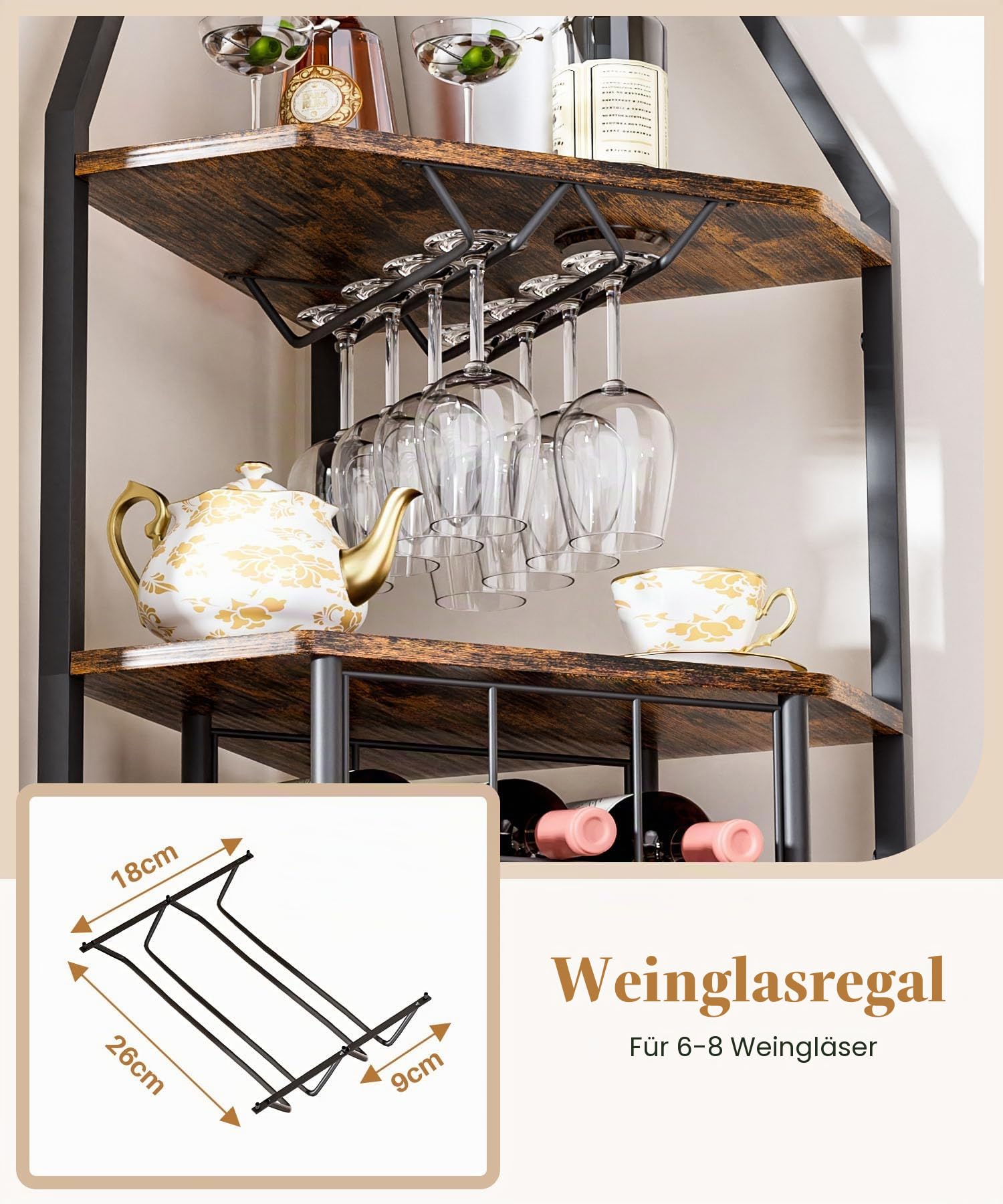 Yorbay 5-Stöckiges Freistehendes Weinregal für die Ecke | Eck-Weinregal mit Glashalter und Weinflaschenhalter - Industrielles Barregal aus Metall-Holz für Bar Küche Esszimmer