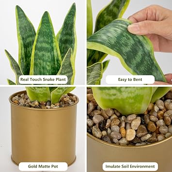 Oairse Artificial Potted Plant, Fake Snake Plant in Gold Pot 17.3 inch Faux Sansevieria Trifasciata Artificial Plants Indoor with Pot for Home Office Living Room Indoor Outdoor Decor