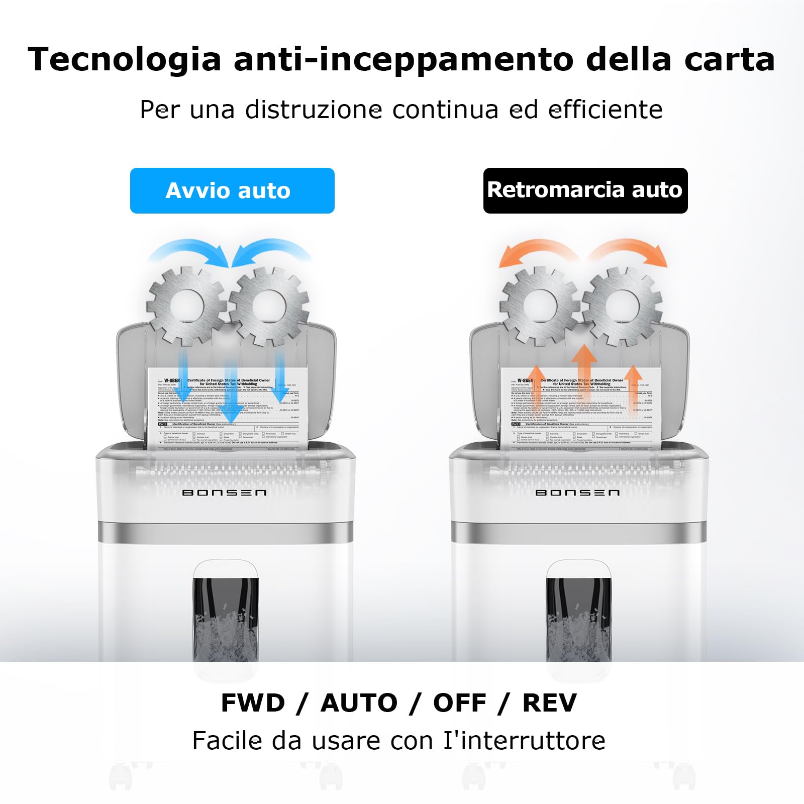 BONSEN Distruggidocumenti 100 Fogli Auto-Feed, P-4 Micro-Taglio | 30 min in continuo & silenzioso ≤60dB per casa e ufficio, S9201
