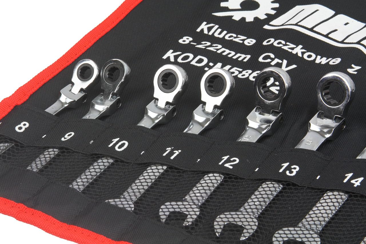 IMJ-Global Set Chiavi Combinate a Cricchetto Forchetta | 12 Pezzi | Reversibili | Snodate | 8-22 mm | 72 Denti | Passo 5° | in Acciaio CrV | con Custodia