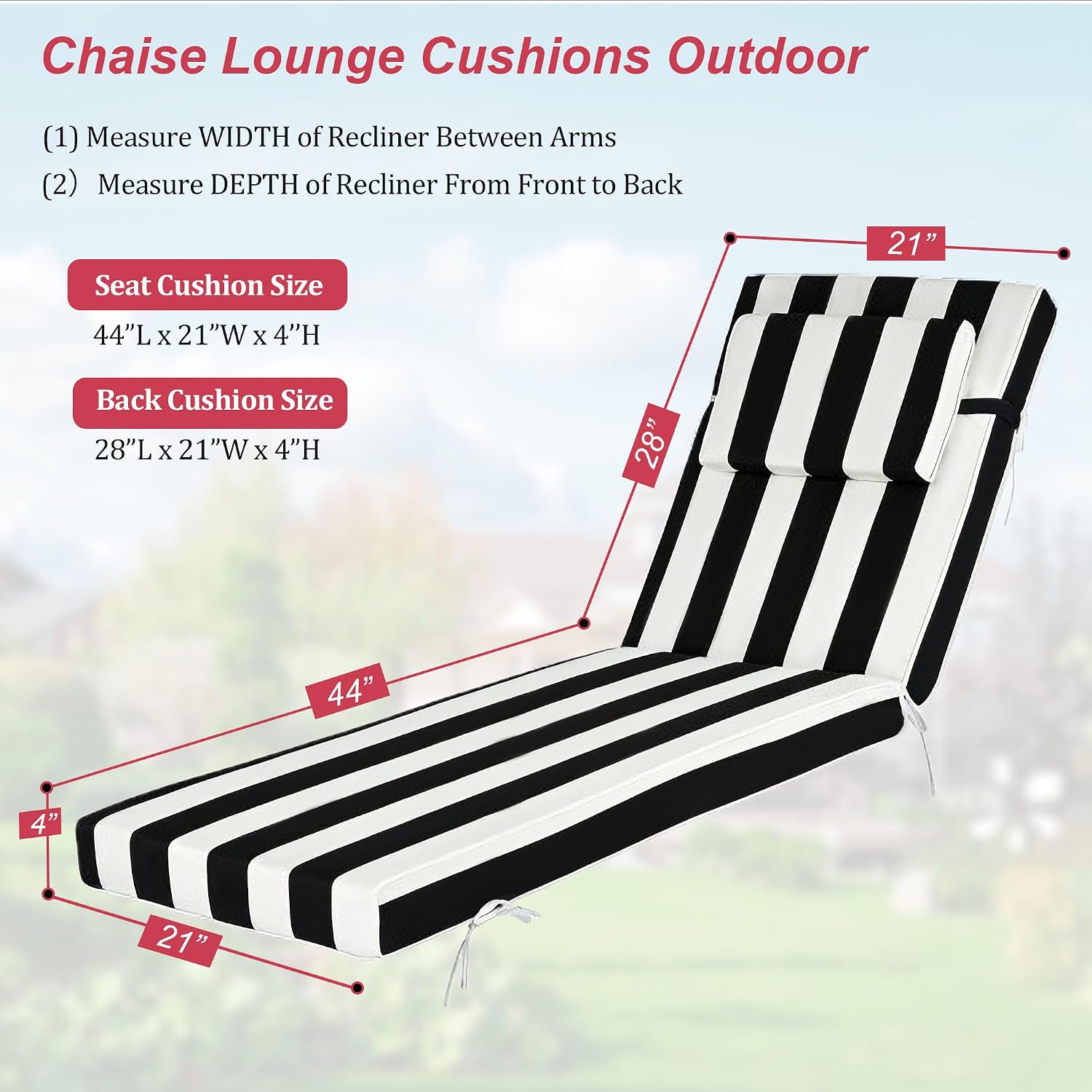 Chaise Lounge Cushions Outdoor 72x21x4 Inch, Patio Lounger Chair Cushion with Removable Cover, Fade Resistant Replacement Pad for Outdoor Furniture (Black and White Stripes, 72x21x4 inch)