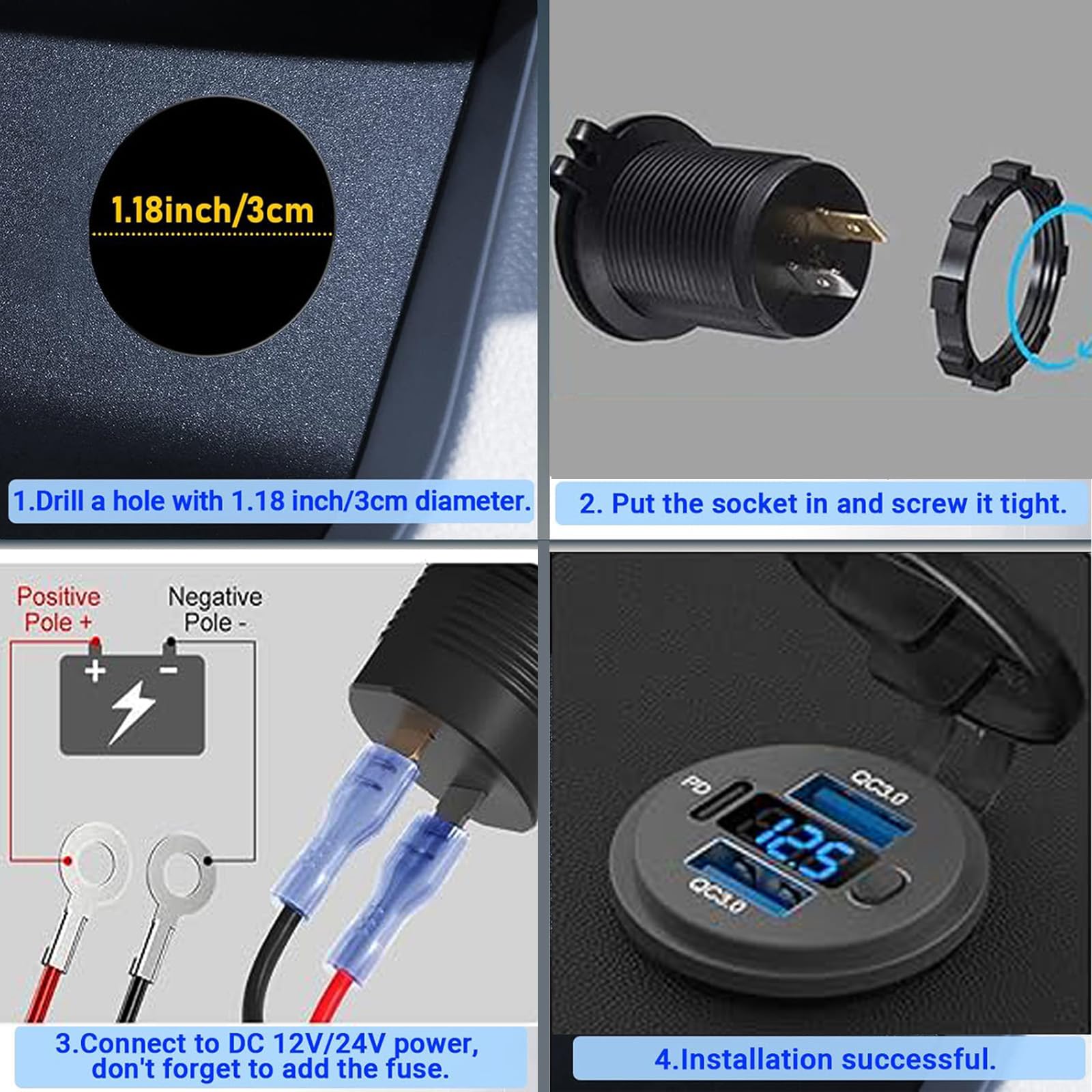 Presa USB 12V, 72W, Caricatore Triplo Porta con Ricarica Rapida Simultanea (2xQC3.0 + PD) e Interruttore On/Off, Presa USB da Incasso per Auto 12-24V, Moto, Camion, Barche, Camper (2 Pezzi)