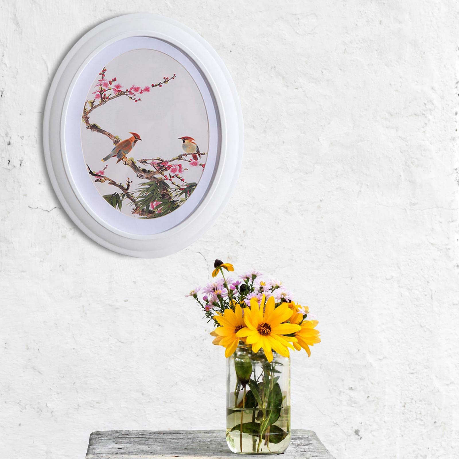 Cadre Photo Ovale Bois Sculpté Flottant avec Verre Support Moderne Rack à Images Décoratif Porte Photos pour Table Bureau Chambre Adapté pour Chambre
